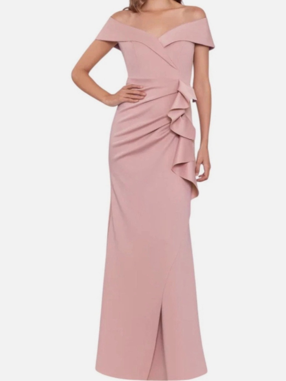 XSCAPE Off-The-Shoulder Ruffled Gown Rose 8 NWT